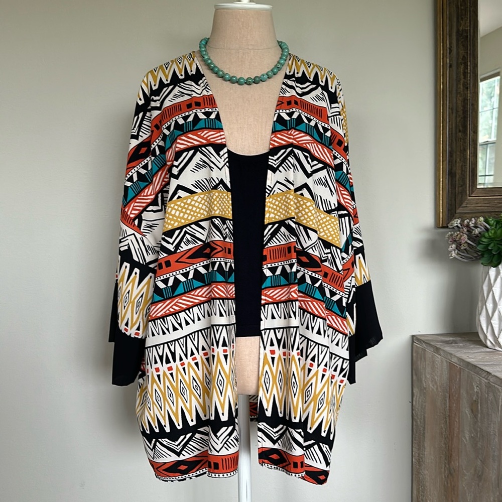 Audrey gold rust and black tribal print wide sleeve kimono large